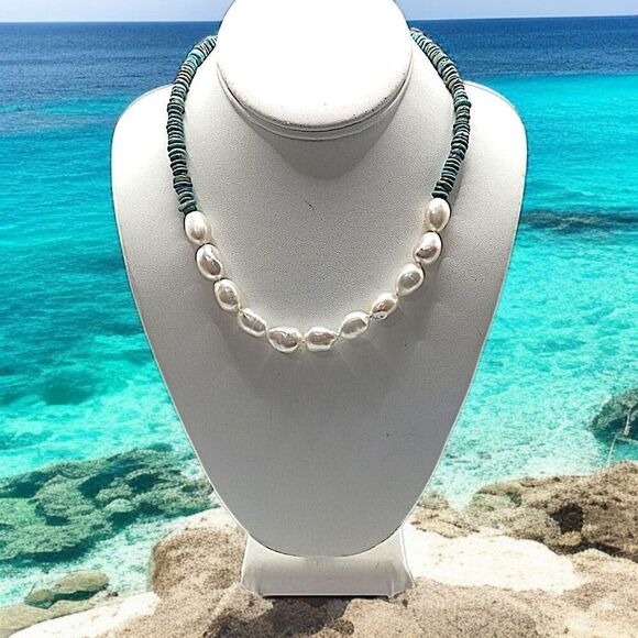 Turquoise Baroque Pearl Necklace Sterling Silver Toggle WW Kingman Western - Picture 16 of 16